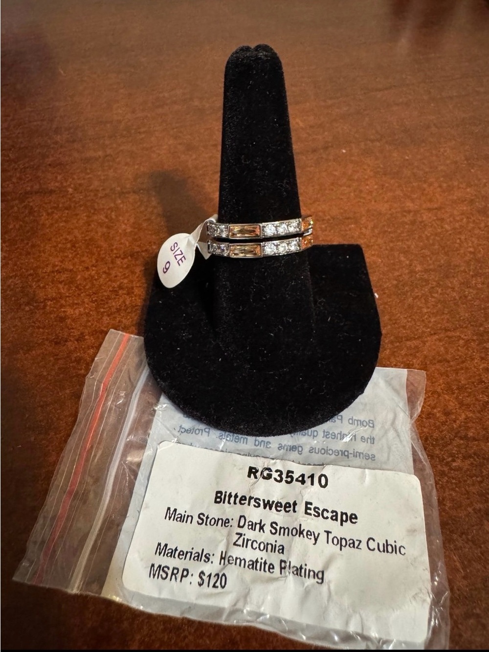 Bittersweet Escape Dark Smokey Topaz CZ Hematite-Plate Ring - Size 9